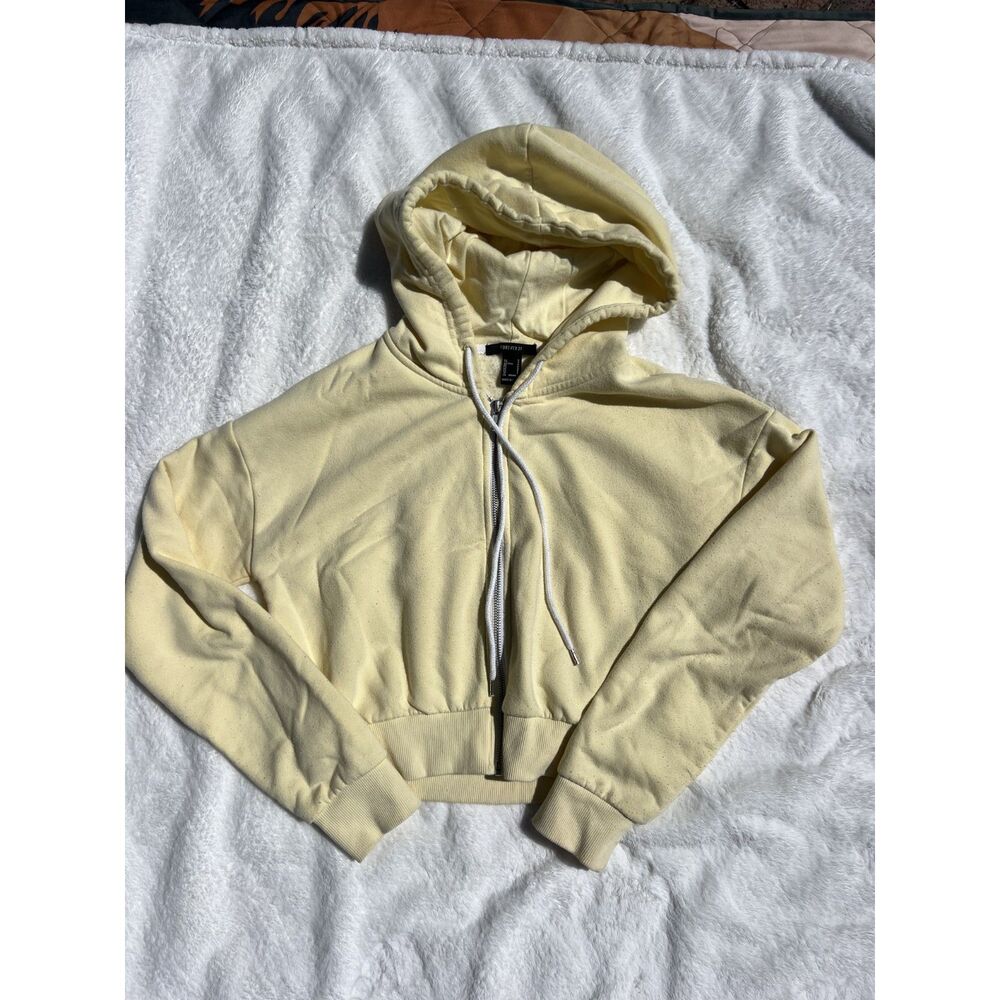 Forever 21 Cropped Zip-Up Hoodie, Pale Yellow, Size S